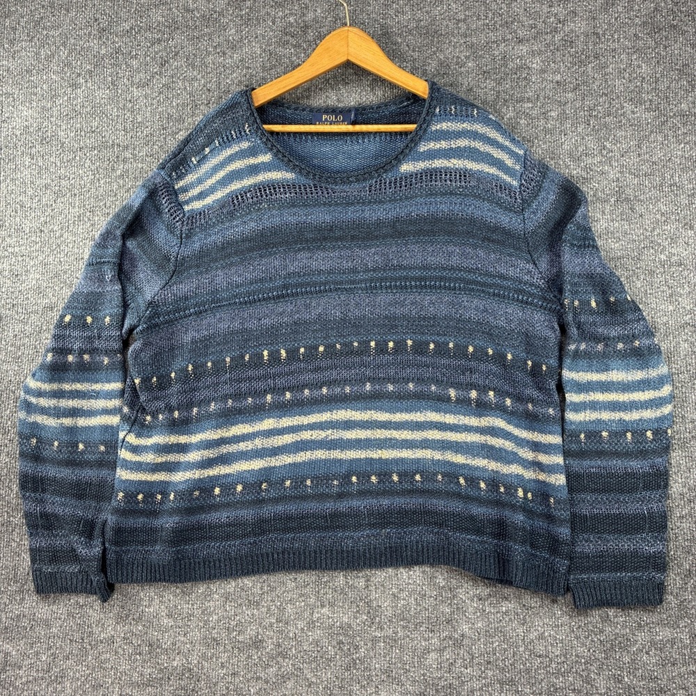 Polo Ralph Lauren Knit Blue Sweater Top Patterned Linen Womens Size XL